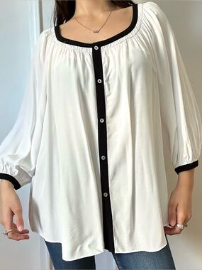 Max Studio White Blouse with Black Trim and Button Front Size XL